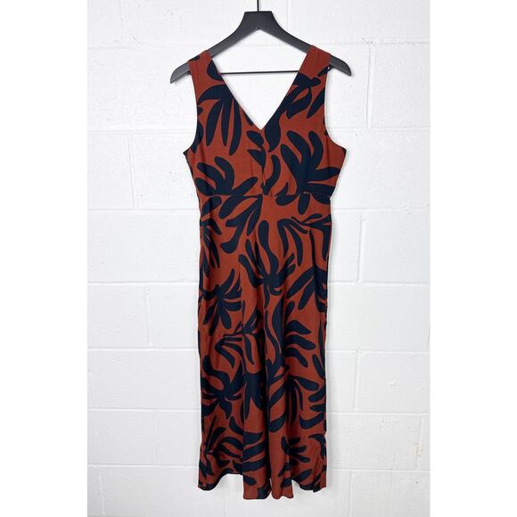 On‎ 34th Sleeveless Maxi Dress Womens Size 10 Brown Black Leaf Print V Neck - Picture 2 of 6